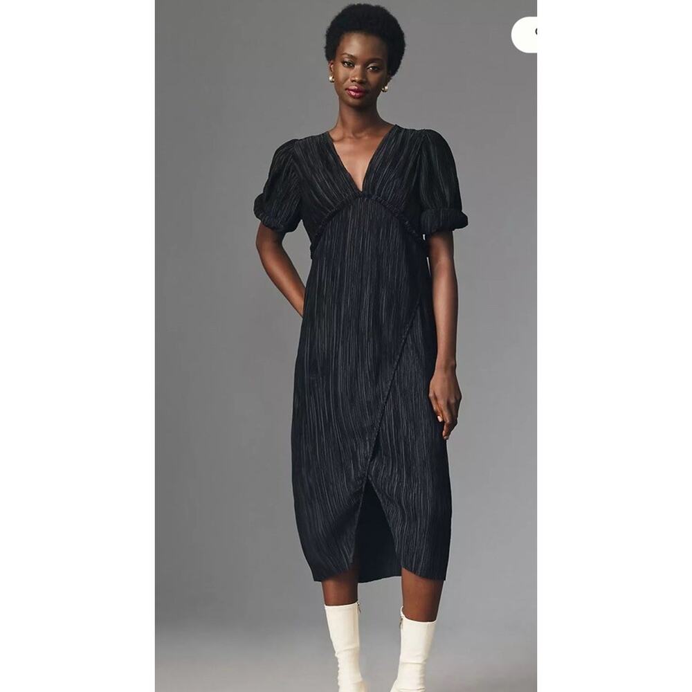 Anthropologie V-Neck Pleated Slim Midi Dress Womens S Black Open Back Cut Out - Picture 3 of 8